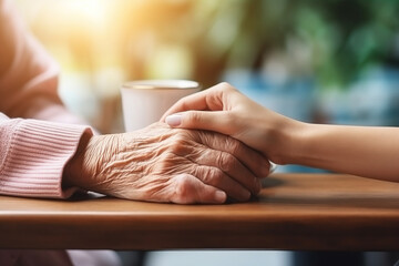 Taking care of the elderly. Hand of young woman holding the hand of old woman with tenderness - obrazy, fototapety, plakaty