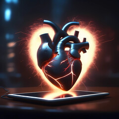Digital heart with heart light floating from tablet on background
