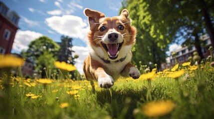 Playful Dog Chasing Tail in Vibrant City Park on a Sunny Summer Afternoon