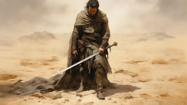 a weary desert warrior with a sword against a backdrop of dunes and barchans