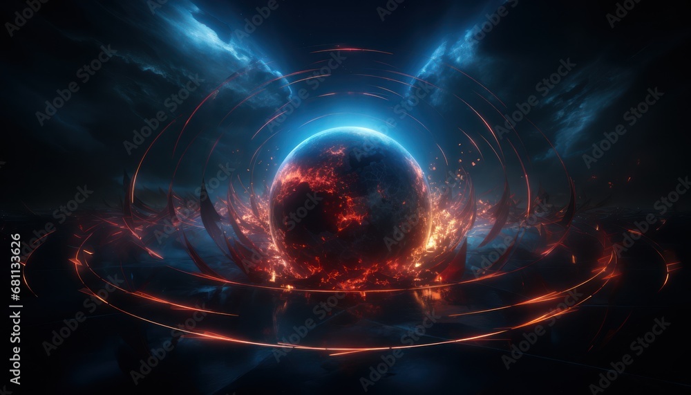 Poster a computer generated image of a planet surrounded by a ring of fire and blue and red lights in the m