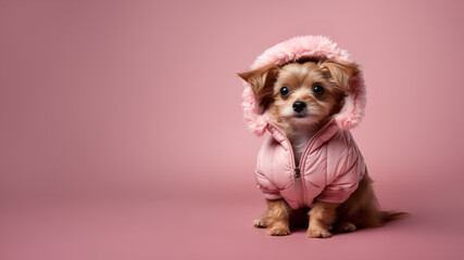Little dog in a fashionable pink jacket with a hood on pink background - Powered by Adobe