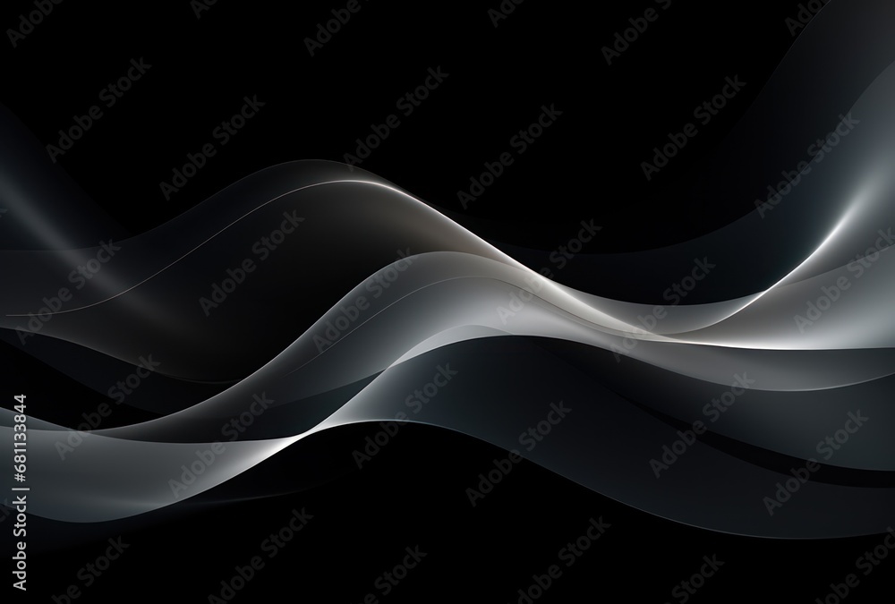 Poster a black and white abstract background with wavy lines on the left side of the image and a black back