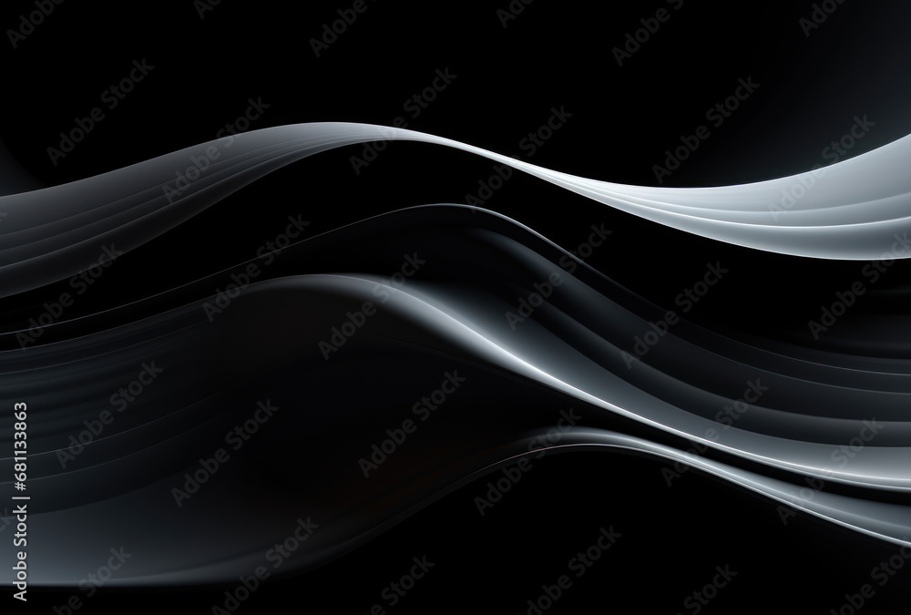 Poster a black and white abstract background with wavy lines and waves in the middle of the image, with a b