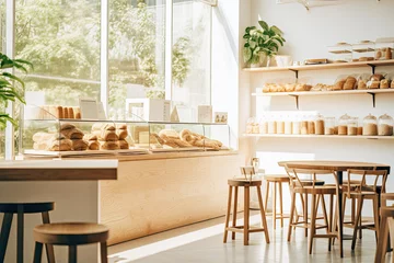 Zelfklevend Fotobehang Minimal interior design of cafe or coffee cafe bar shop in clean minimalist style, decorated with warm tone, relaxing tones with glossy ivory white round corner counter and coffee machinery. © TANATPON