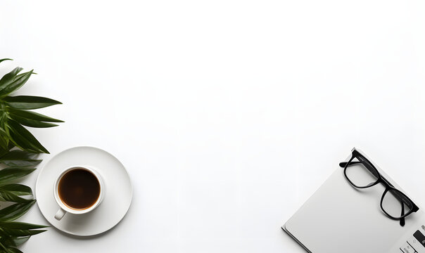 Top view template background with laptop, glasses, coffee cup set on a light  background