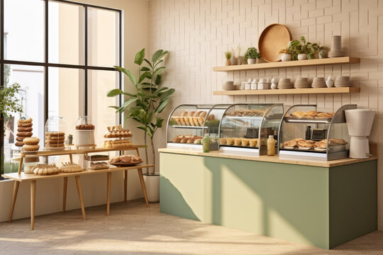 Minimal interior design of cafe or coffee cafe bar shop in clean minimalist style, decorated with warm tone, relaxing tones with glossy ivory white round corner counter and coffee machinery.