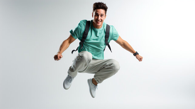 hombre joven estudiante con una mochila saltando, fotografia de estudio en fondo blanco 
