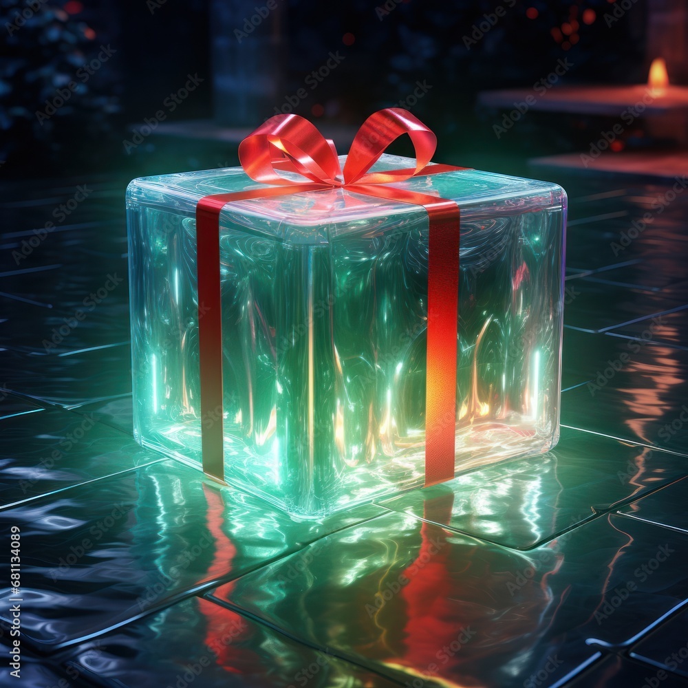 Poster a glowing gift box with a red ribbon on a tiled floor with a lit candle in the background and a red 