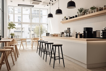 Minimal interior design of cafe or coffee cafe bar shop in clean minimalist style, decorated with warm tone, relaxing tones with glossy ivory white round corner counter and coffee machinery. - obrazy, fototapety, plakaty