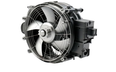 Navigating the Realistic Image of the Radiator Fan Motor on a Clear Surface or PNG Transparent Background.