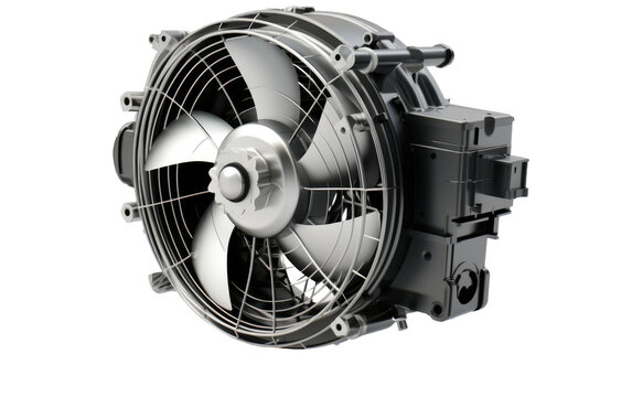 Navigating the Realistic Image of the Radiator Fan Motor on a Clear Surface or PNG Transparent Background.