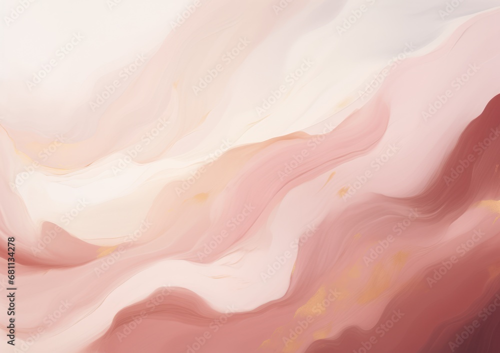 Poster a painting of a pink and white background with a gold leaf on the left side of the image and a gold 