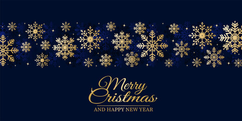 Fototapeta na wymiar Beautiful dark blue Christmas background. Navy blue holiday background with amazing snowflakes and congratulatory text. Vector illustration for poster, card, banner or print New Year design.