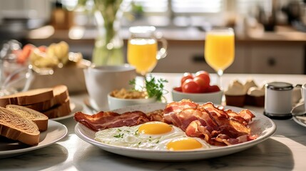 Fototapeta na wymiar Fried bacon, scrambled eggs and a mug of coffee on the table. Breakfast. Menu.