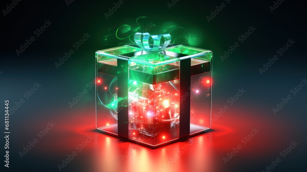 Poster a glowing gift box with a bow on the top and a ribbon on the bottom of the box and a ribbon on the b