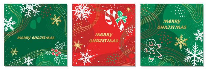 Naklejka premium Merry Christmas Set of greeting cards, posters, holiday covers. Elegant Xmas design in green, red and gold colors. Hand drawn snowflakes, holly berries, gingerbread man, candy cane, abstract elements.