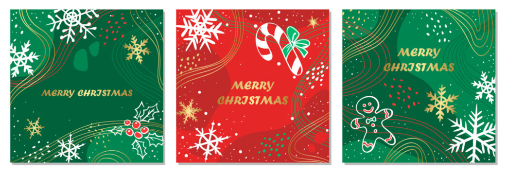 Merry Christmas Set of greeting cards, posters, holiday covers. Elegant Xmas design in green, red and gold colors. Hand drawn snowflakes, holly berries, gingerbread man, candy cane, abstract elements.