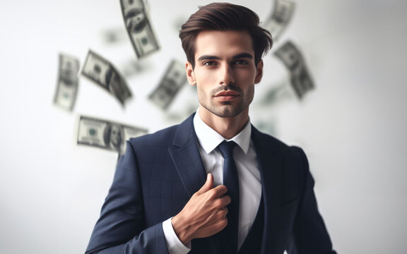 male businessman There are banknotes strewn from behind Financial success concept of doing business white background