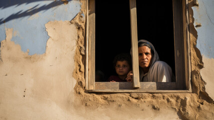 wo people looking out from a weathered window. Concept of hope and waiting.