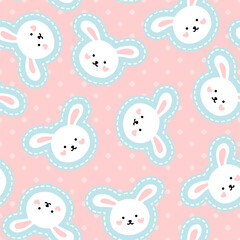 Cute white rabbit on a pastel pink background with polka dot texture, blue sticker style, kids kawaii seamless pattern