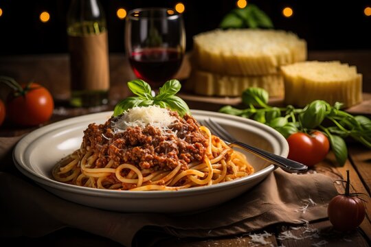 Classic spaghetti bolognese, highlighting the rich tomato sauce, perfectly cooked pasta, and grated Parmesan cheese