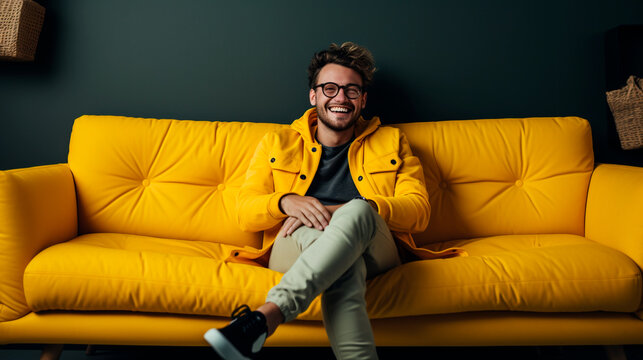 hombre joven con lentes y sonriente sentado, con las piernas cruzadas, sentado en un living amarillo 