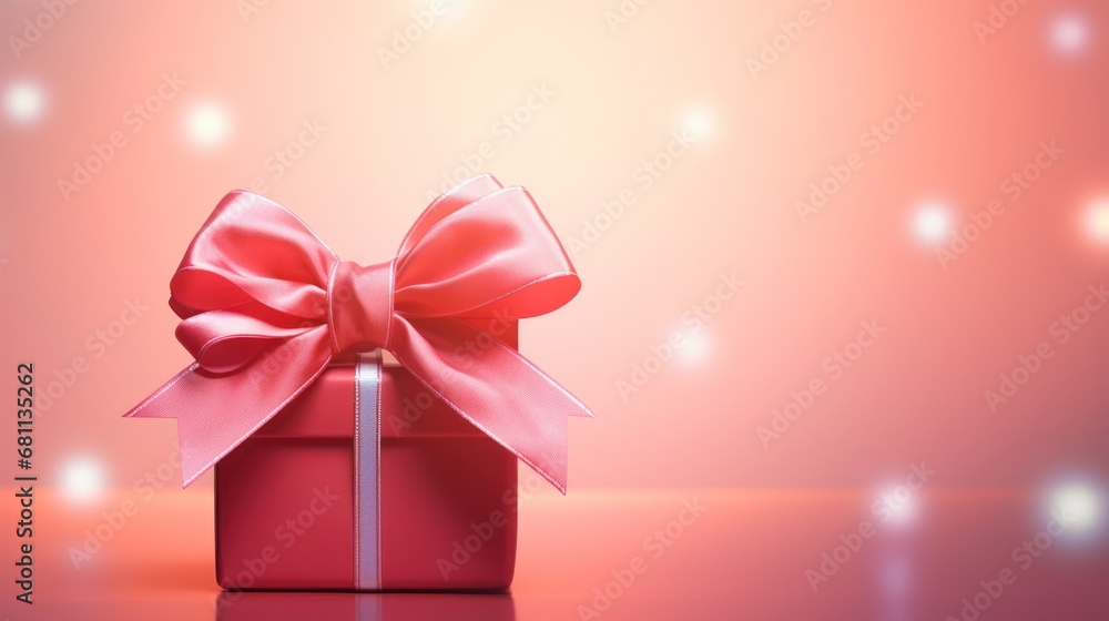 Poster a red gift box with a pink ribbon and a bow on a shiny surface with a boke of lights in the backgrou