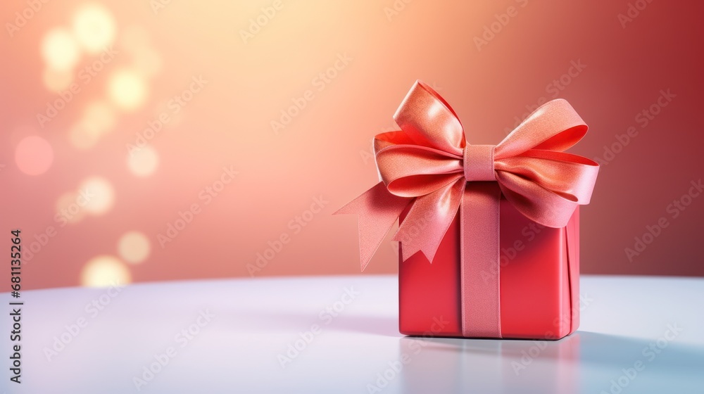 Poster a red gift box with a red bow on a table with a boket of lights in the background.