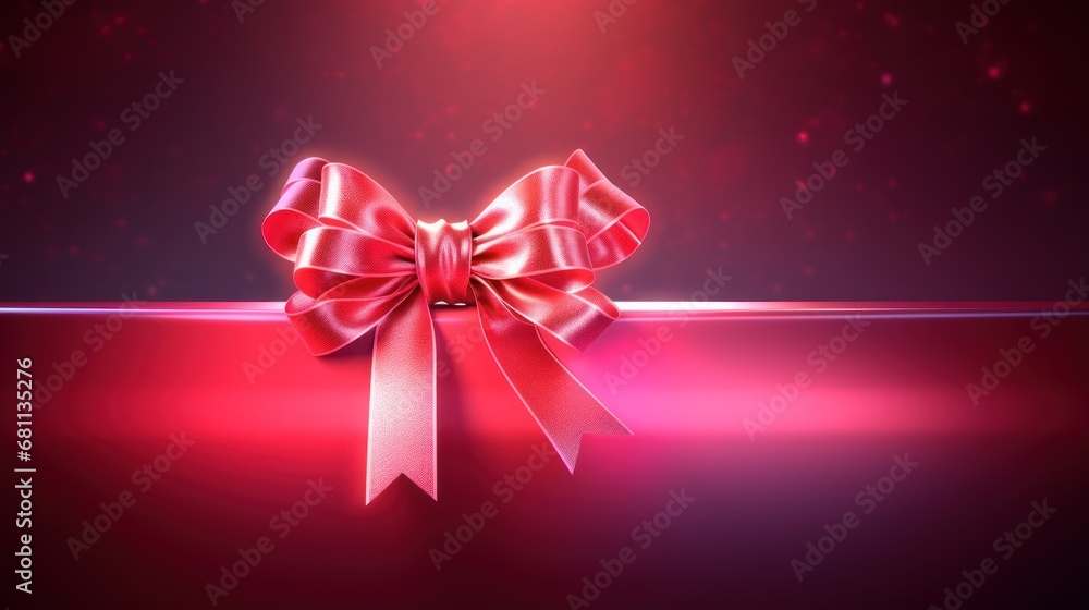 Poster a red ribbon with a bow on top of it on a red surface with a red light in the background.