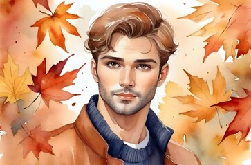 Watercolor Handsome Man in Autumn. Autumn Leaves Background. Watercolor. Generative AI