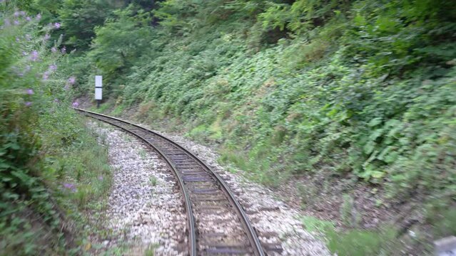 Moving forward along train tracks laid through forest on mountain railroad track