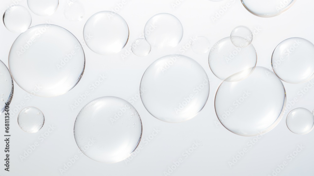 Poster a group of bubbles floating on top of a white surface with drops of water on the bottom of the bubbl