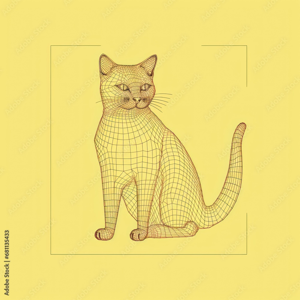 Poster a drawing of a cat sitting in front of a yellow background with a square in the middle of the pictur