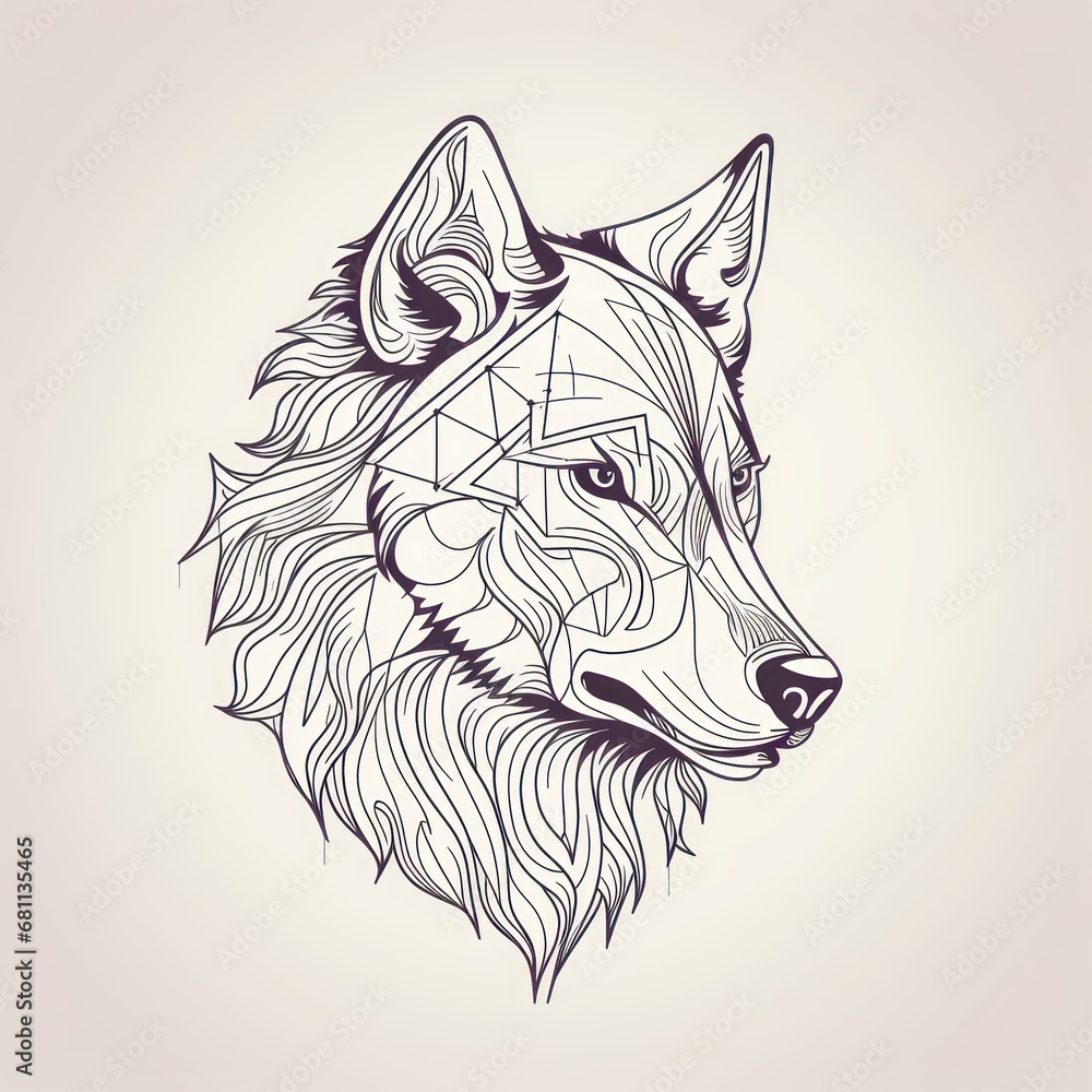 Poster a wolf's head with a geometric pattern on it's head, in the shape of a triangle.