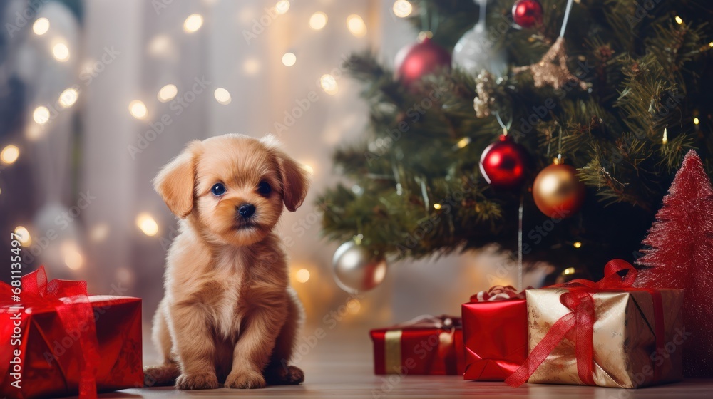 Poster a puppy sitting in front of a christmas tree next to a pile of presents and a christmas tree with li