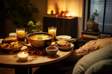 Cozy ramen night at home, featuring a bowl of homemade ramen on a coffee table with cozy decor