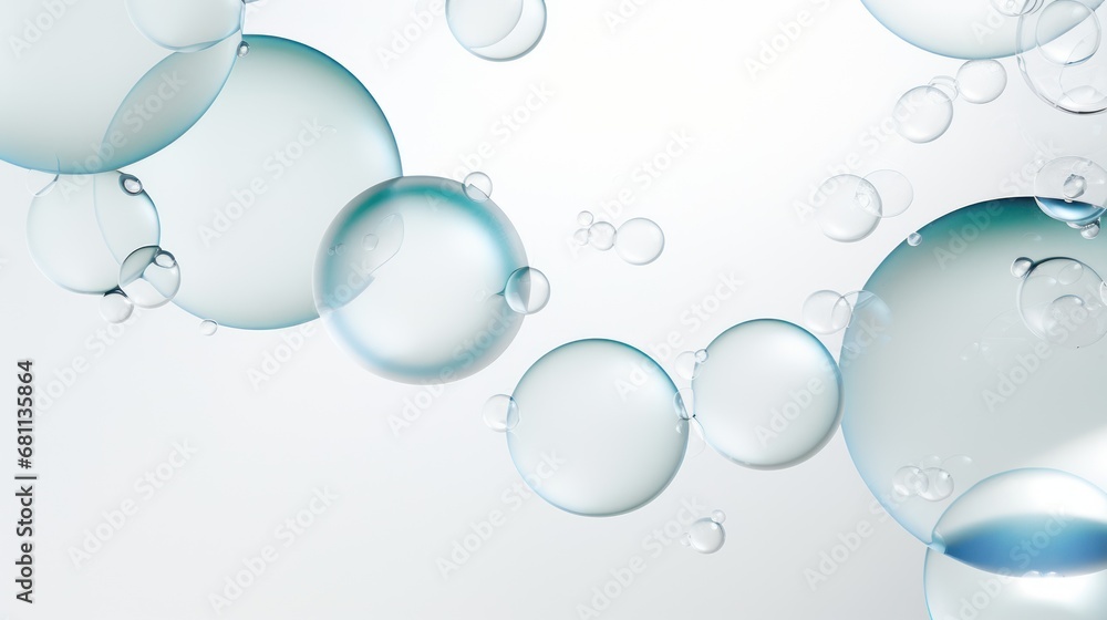 Poster a bunch of bubbles floating in the air on a white background with a blue spot in the middle of the p