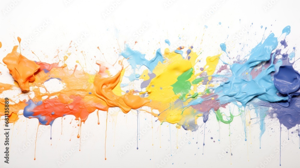 Poster a group of multicolored paint splattered on top of each other on a white sheet of paper.