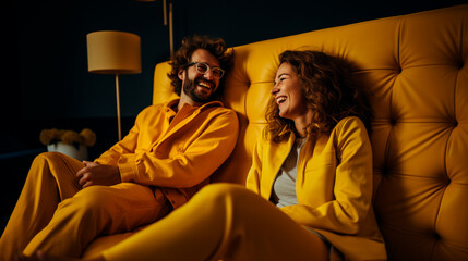 hombre con barba y mujer sonrientes amigos, vestidos de color amarillo sentados en un sofá 