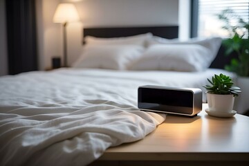 Digital alarm clock with a blank screen in a blurred bedroom background, generative AI