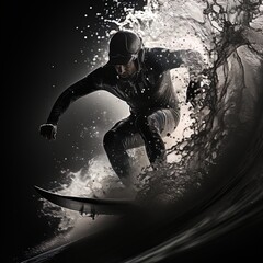Abstract illustration of a silhouette of a Surfer on an ocean wave in the Grunge style. The concept of sports. Sports Banner, postcard.
