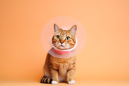 Ginger cat in protective veterinary collar on an orange background treatment and care for pets after surgery copy space