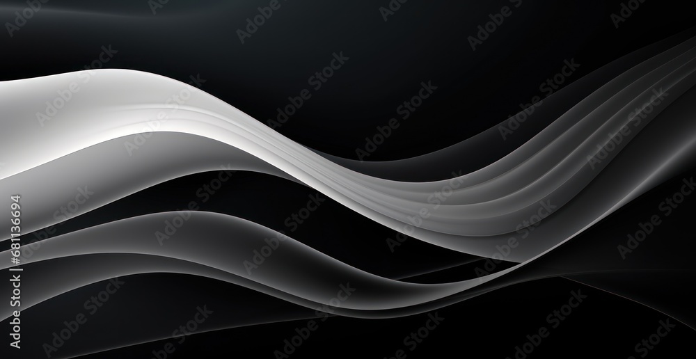Poster a black and white abstract background with wavy lines on the left side of the image and a black back