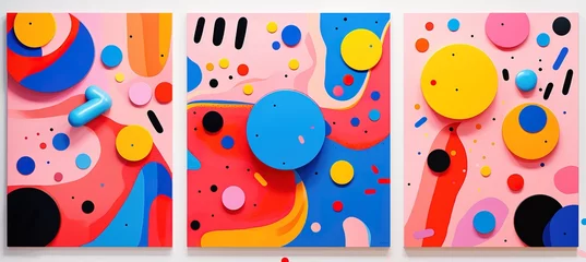 Poster the panels represent various compositions of geometric shapes and lines of bright colors. The panels are displayed on a white wall. Shapes include circles, dots, stripes and curves.  © Яна Деменишина