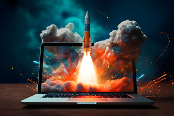 Rocket coming out of laptop screen. Innovation and creativity concept - obrazy, fototapety, plakaty