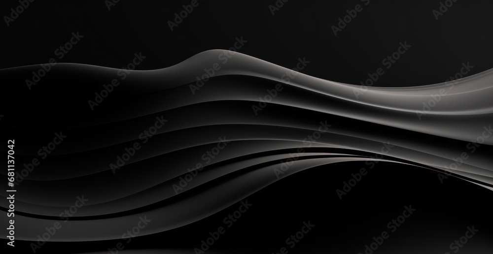 Poster an abstract black and white background with wavy lines in the shape of a wave on the left side of th