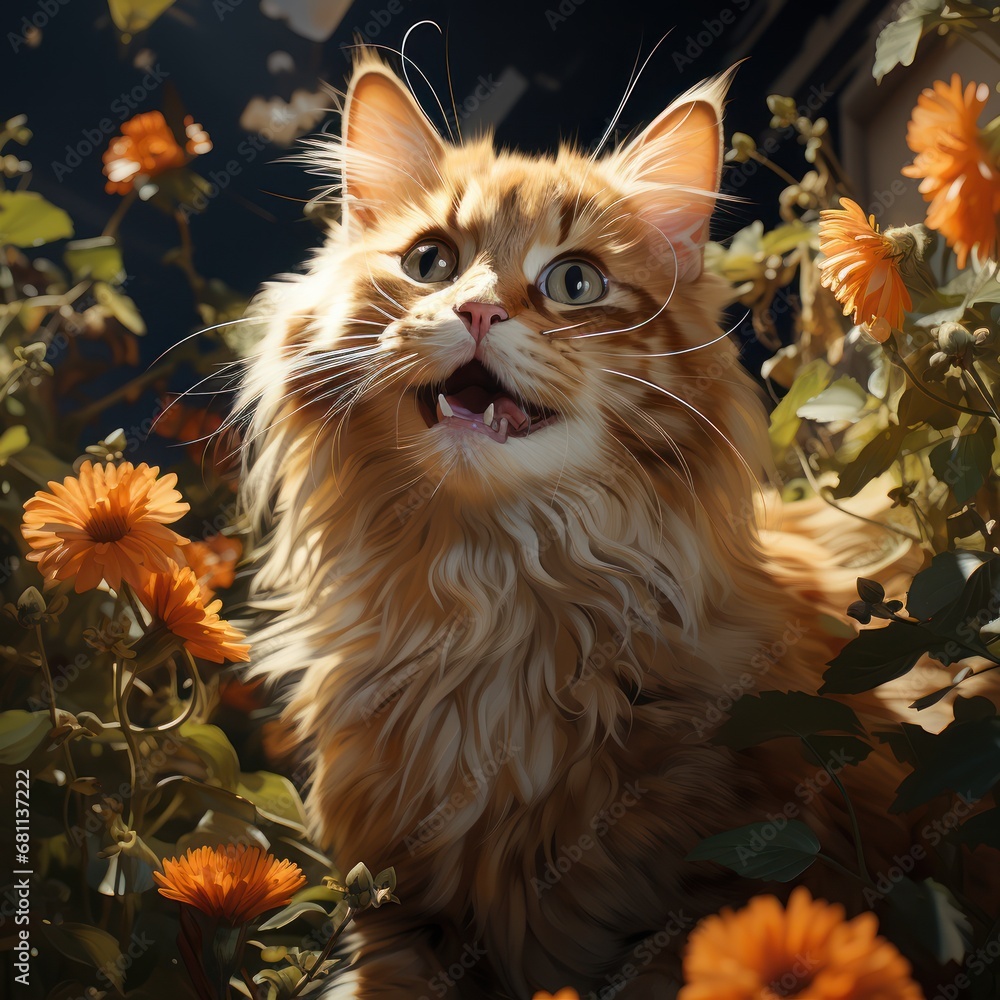 Poster a close up of a cat in a field of flowers with it's mouth open and eyes wide open.