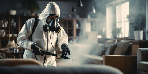 An extermination guy wearing a mask and a hazmat suit sprays poisonous gas on a house