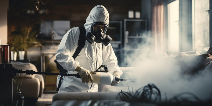An extermination guy wearing a mask and a hazmat suit sprays poisonous gas on a house